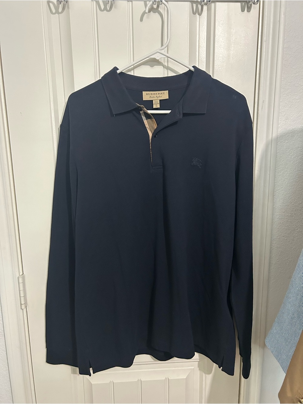 Burberry Navy Long-Sleeve Polo with Signature Check Trim